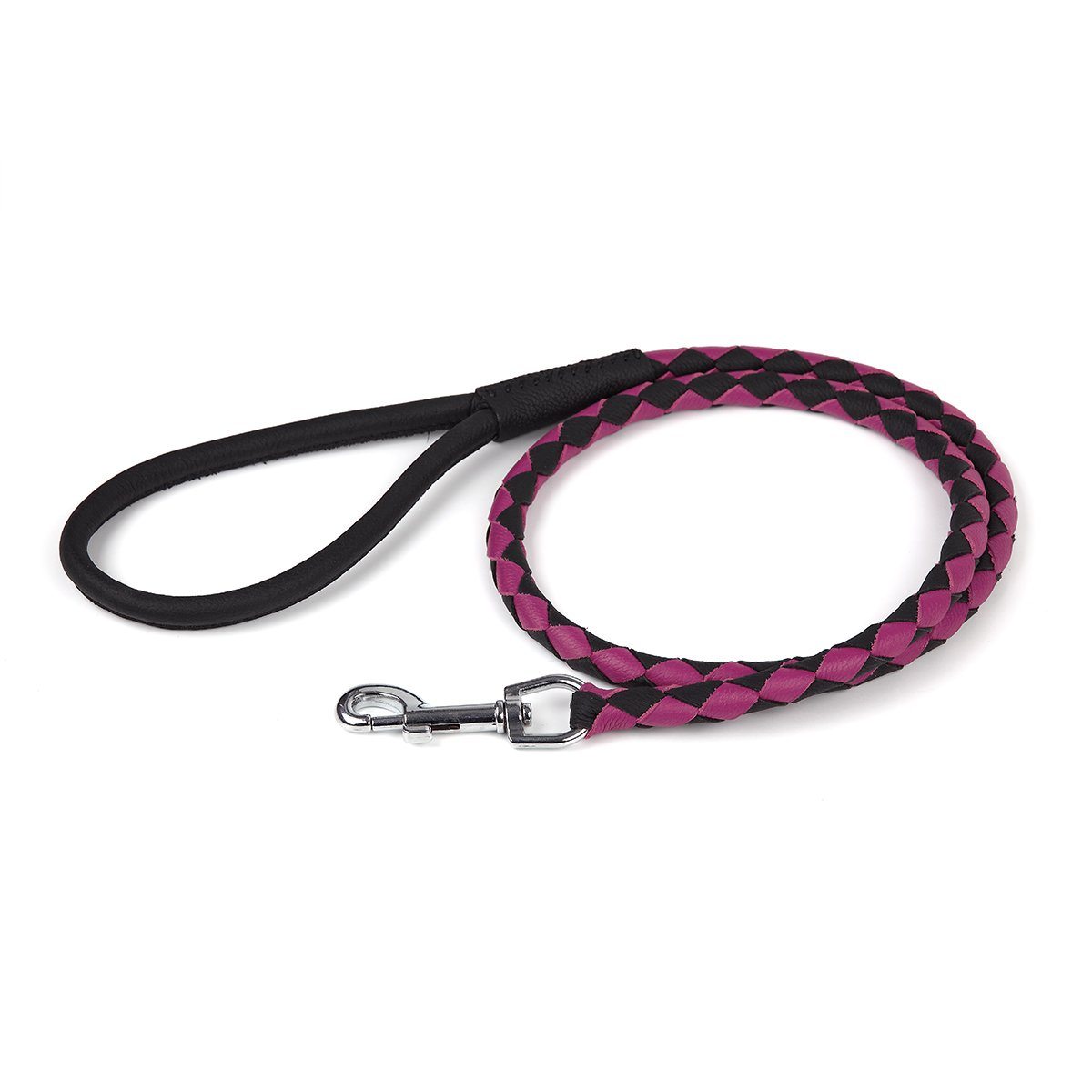 Soft Leather Dual-Color Braided Round Lead Black Pink 1 4" Dog Leashes Dogline