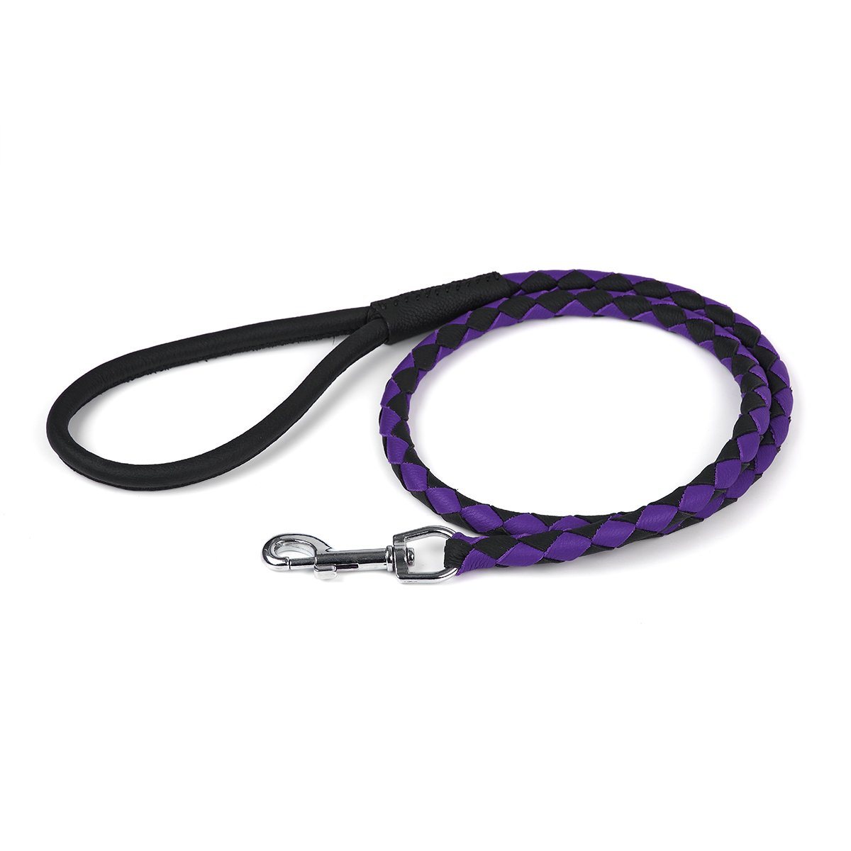 Soft Leather Dual-Color Braided Round Lead Black Purple 1 4" Dog Leashes Dogline