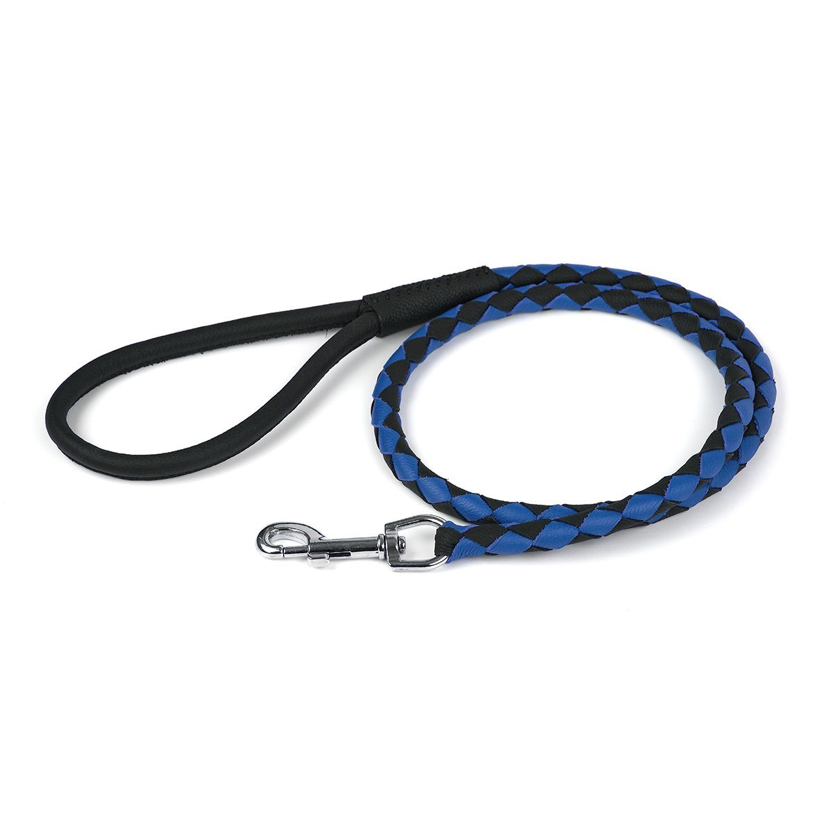 Soft Leather Dual-Color Braided Round Lead Black Royal Blue 1 4" Dog Leashes Dogline