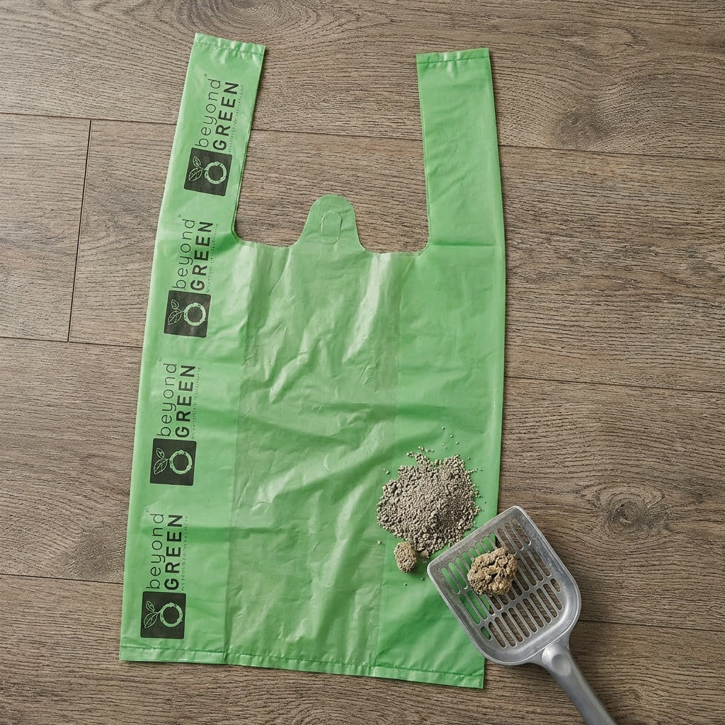 Green Cat Litter Bags – 8" x 16" with 5" Gusset & Handles – Made in USA Cat Litter Bags beyondGREEN biotech™