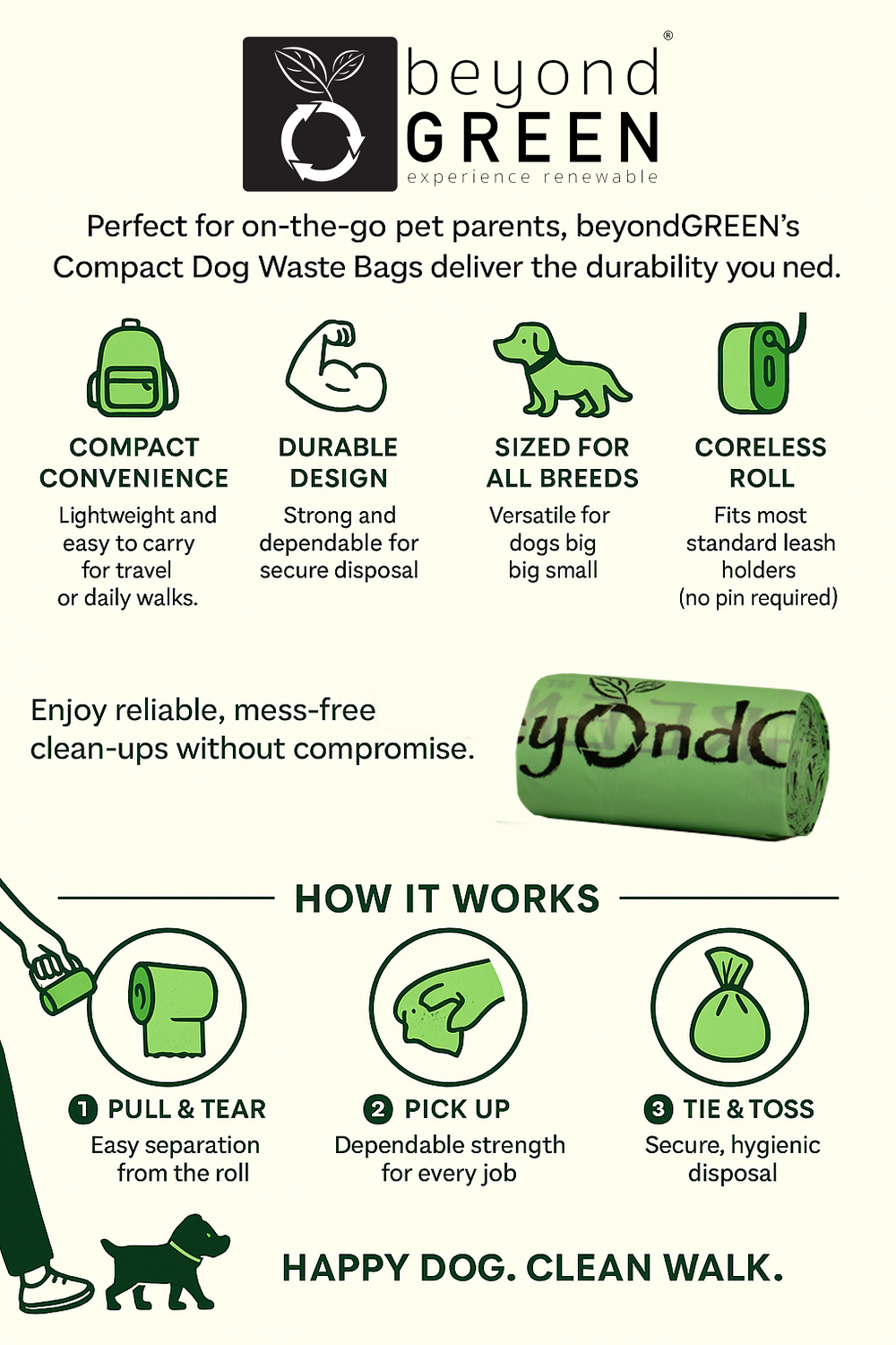 beyondGREEN Dog Waste Bags – Folded Rolls – Made in USA, Leak-Resistant, Extra-Strong Dog Waste Bags beyondGREEN biotech™
