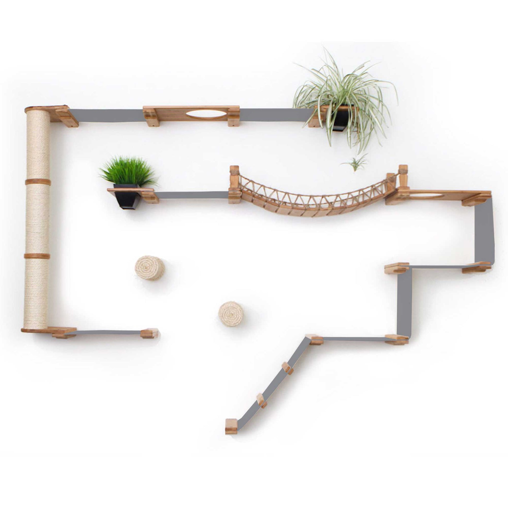 The Juggernaut - Indoor Cat Playground for Wall Natural Bamboo Charcoal Gray Canvas Planter Shelves Coupling Cat Condo Catastrophic Creations