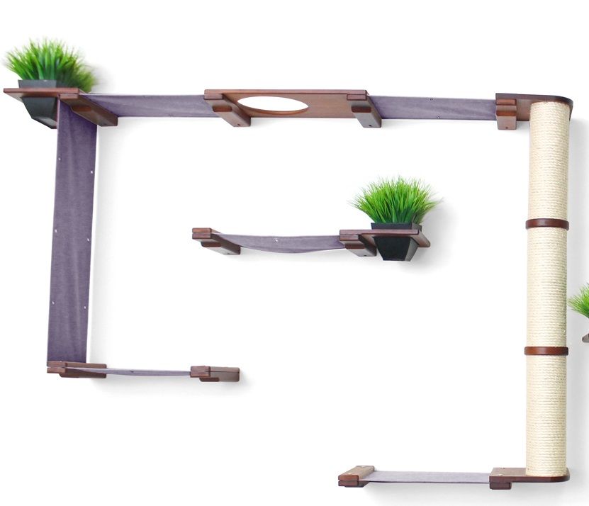 The Gardens - Modern Cat Tree with Plants English Chestnut Bamboo Charcoal Gray Canvas Mini Garden None Cat Condo Catastrophic Creations