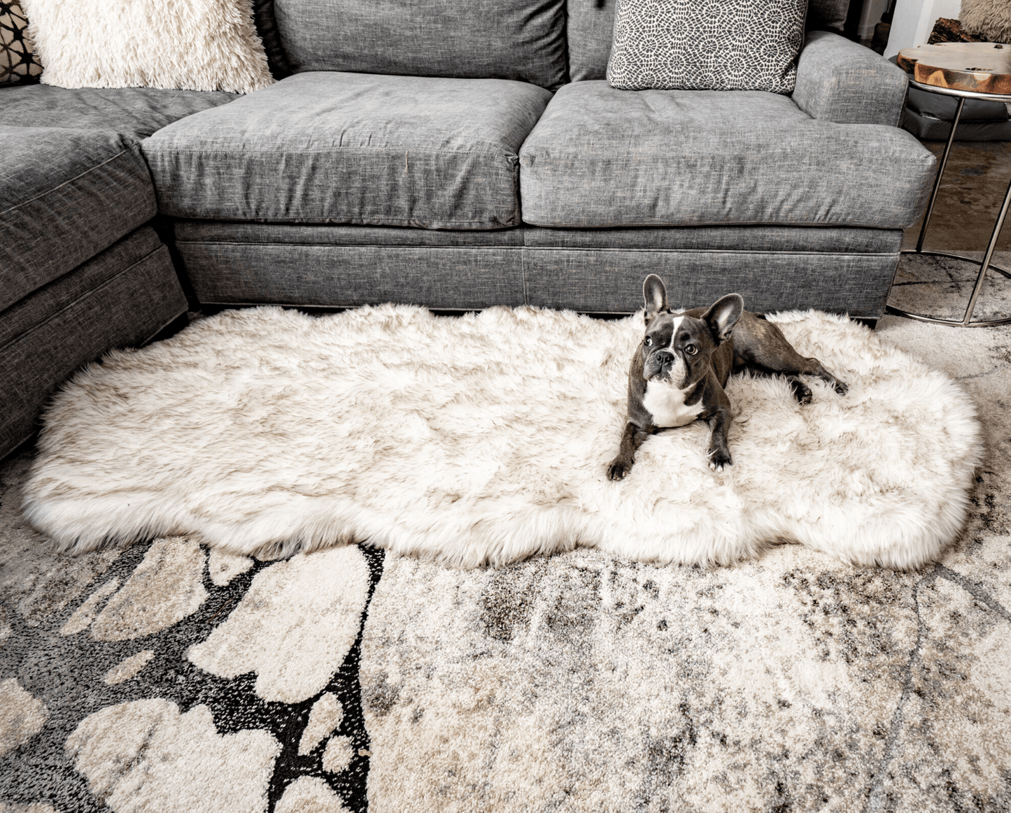 PupRug® Runner Faux Fur Memory Foam Dog Bed - Curve White with Brown Accents Dog Beds Paw