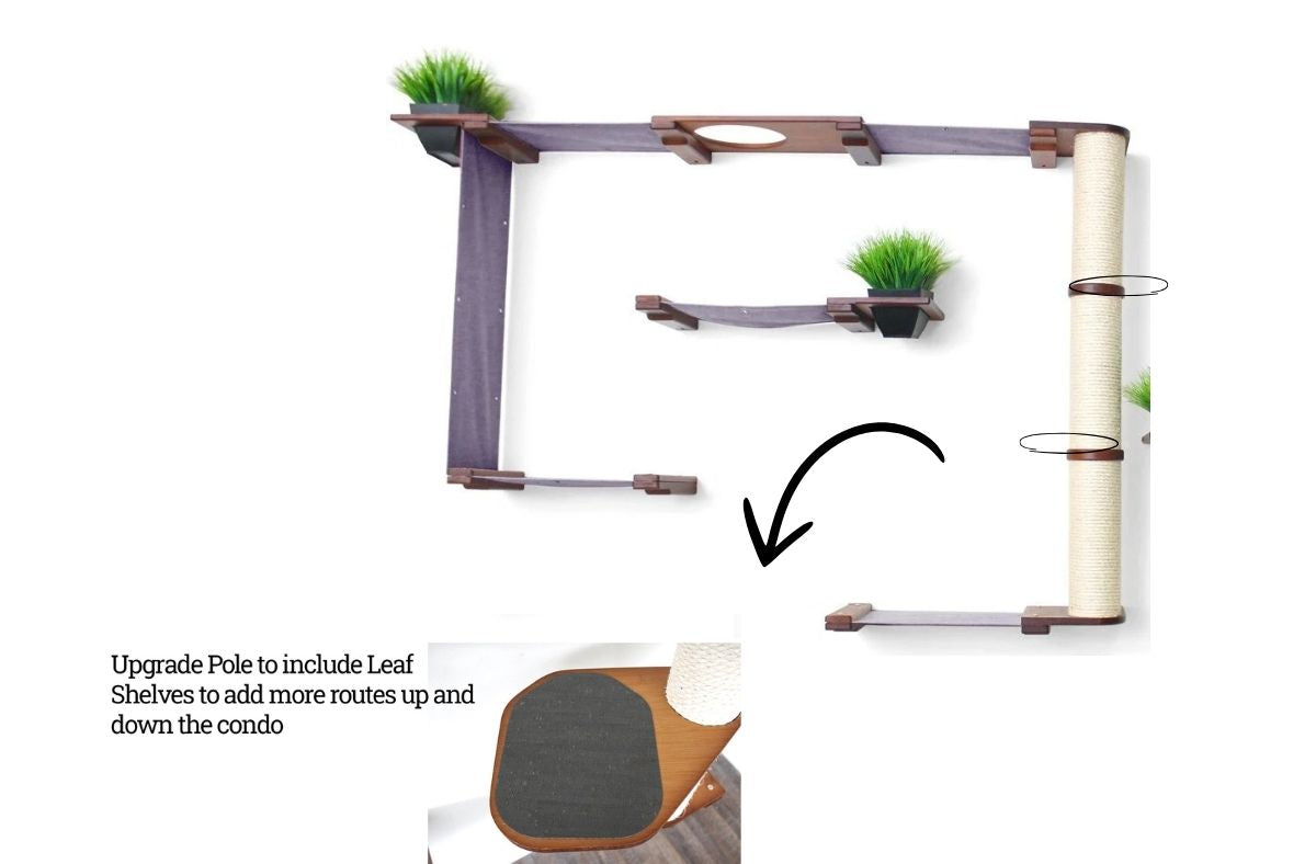The Gardens - Modern Cat Tree with Plants English Chestnut Bamboo Charcoal Gray Canvas Mini Garden Leaf Shelf Cat Condo Catastrophic Creations