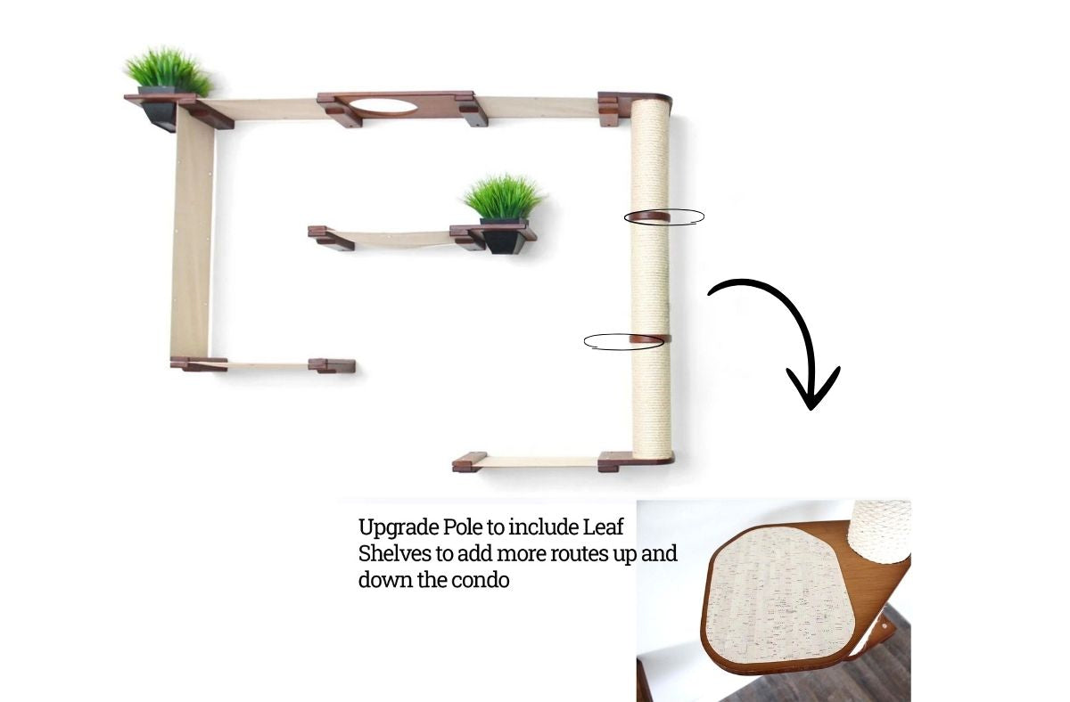 The Gardens - Modern Cat Tree with Plants English Chestnut Bamboo Natural Canvas Mini Garden Leaf Shelf Cat Condo Catastrophic Creations