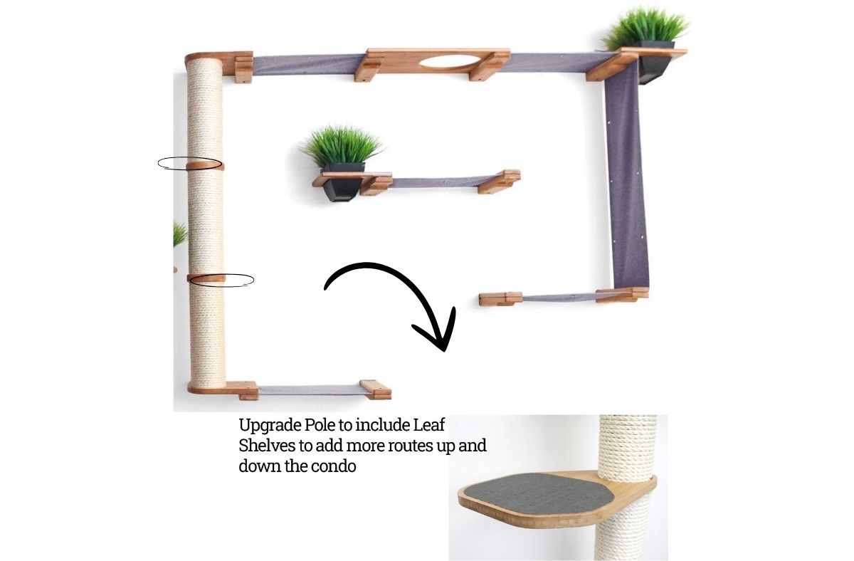 The Gardens - Modern Cat Tree with Plants Natural Bamboo Charcoal Gray Canvas Mini Garden Leaf Shelf Cat Condo Catastrophic Creations