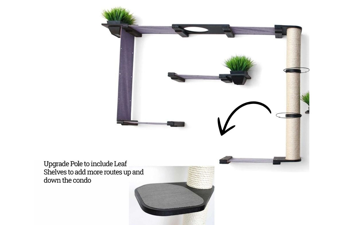 The Gardens - Modern Cat Tree with Plants Onyx Bamboo Charcoal Gray Canvas Mini Garden Leaf Shelf Cat Condo Catastrophic Creations