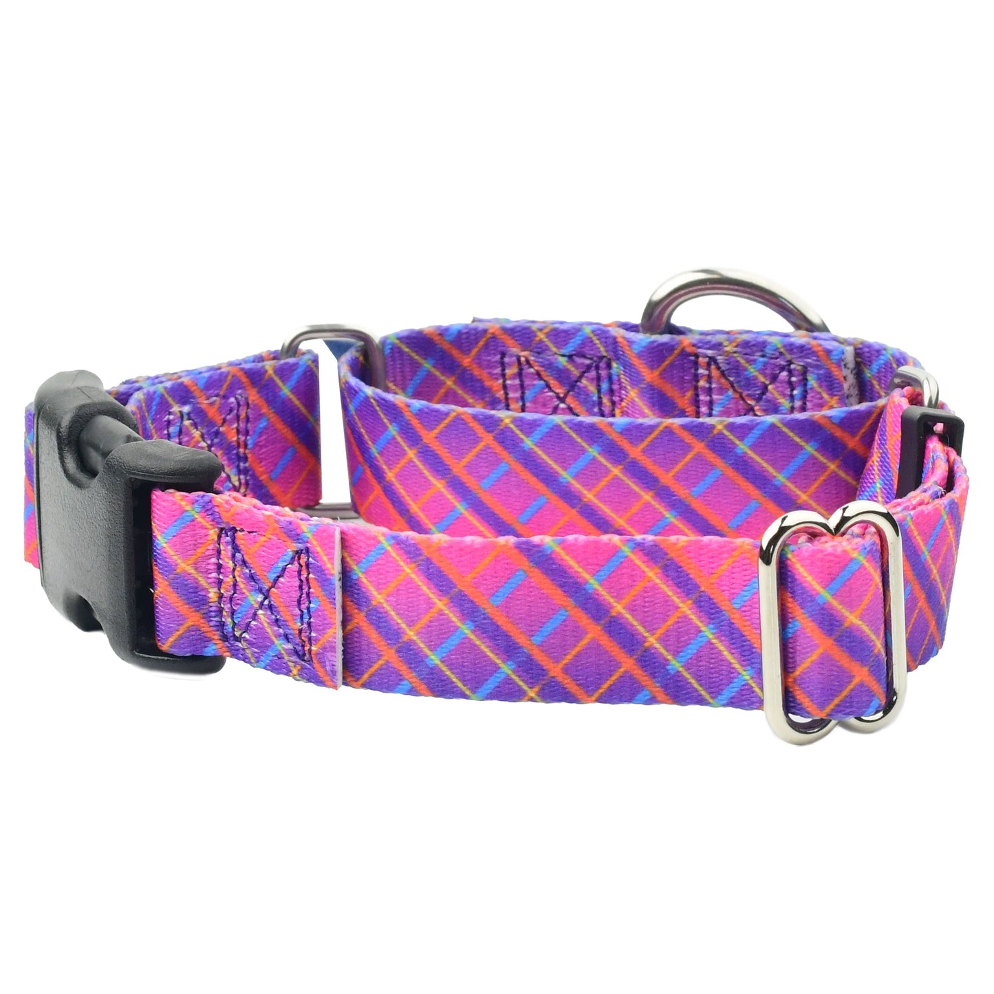 Neon Sunrise Pink Plaid Buckle Martingale Dog Collar – EarthStyle 1 inch 2 Hounds Design