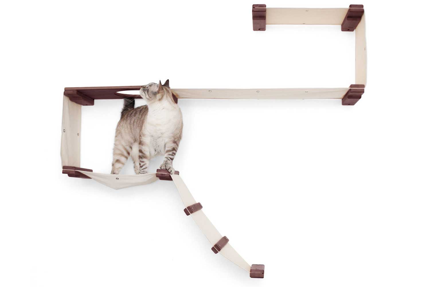 The Play - A Cat Play Wall System English Chestnut Bamboo Natural Canvas Cat Condo Catastrophic Creations