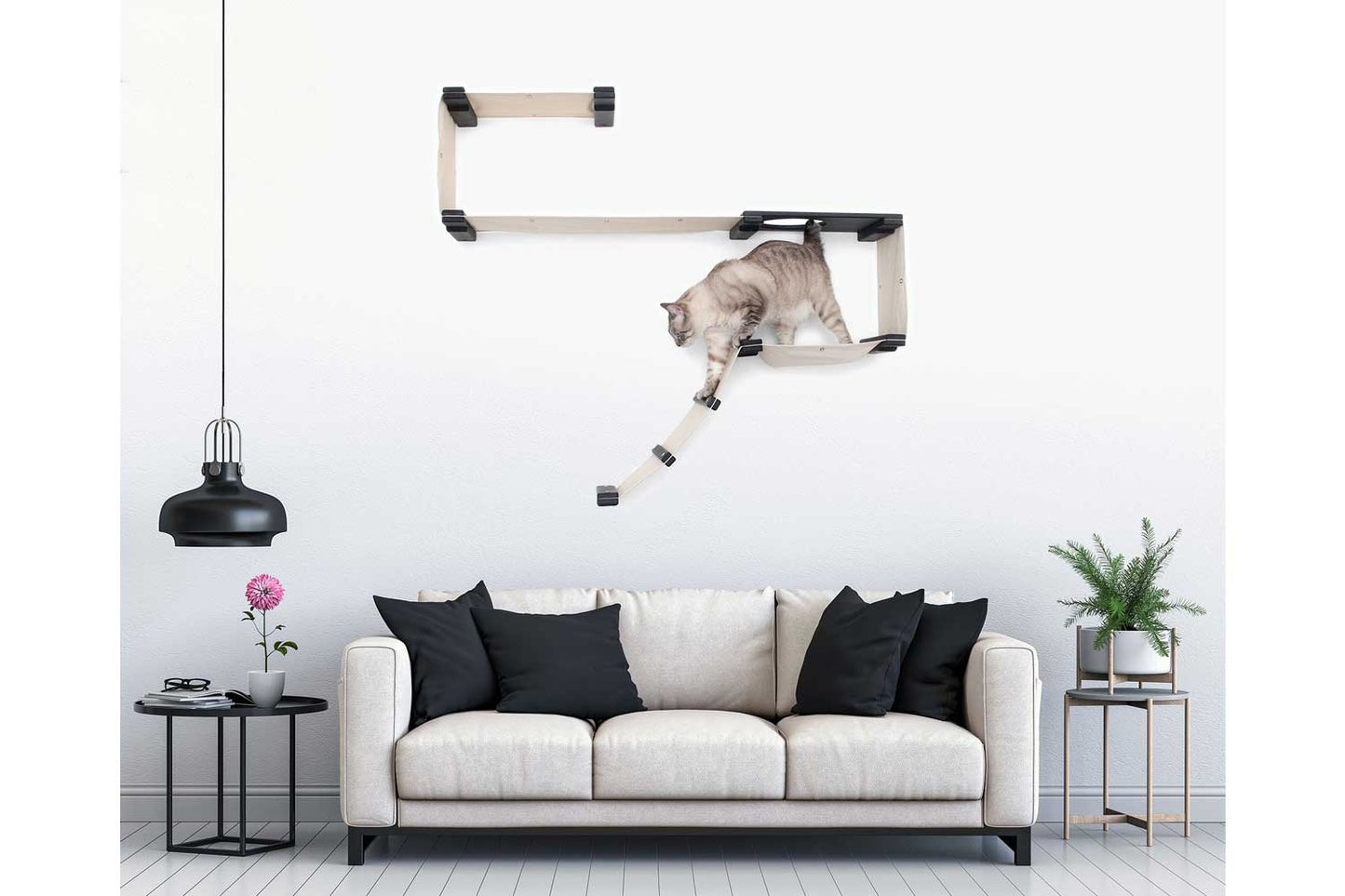 The Play - A Cat Play Wall System Onyx Bamboo Natural Canvas Cat Condo Catastrophic Creations