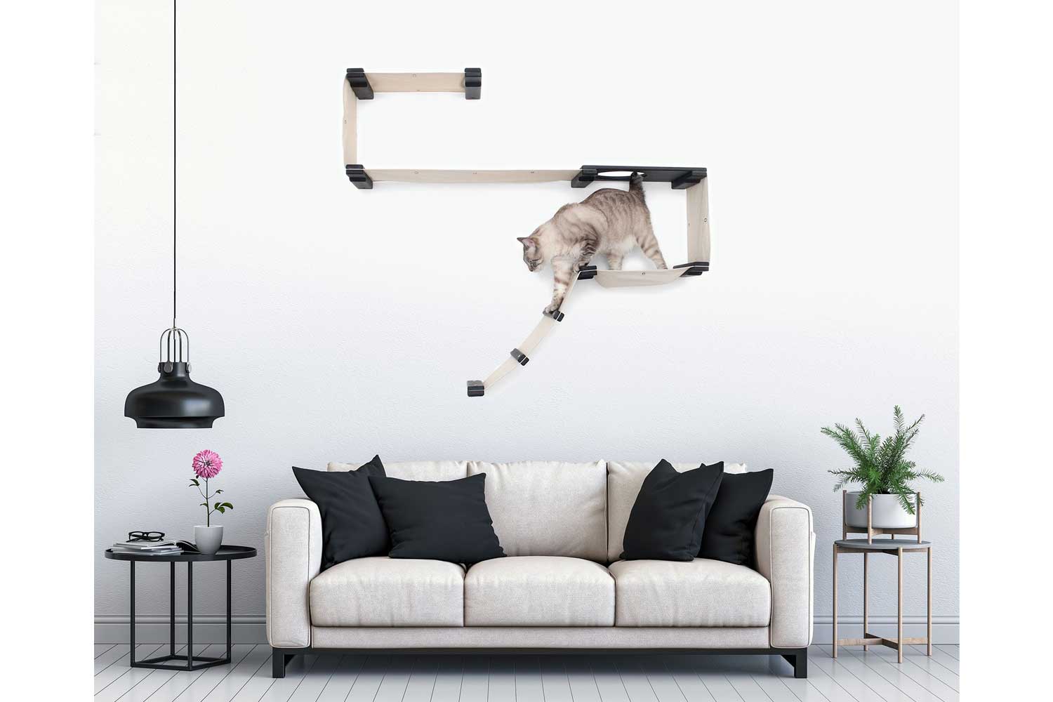 The Play - A Cat Play Wall System Onyx Bamboo Natural Canvas Cat Condo Catastrophic Creations