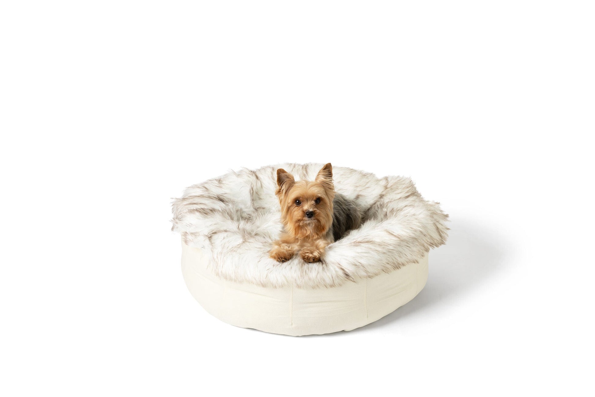 PupPouf™ Faux Fur Donut Dog Bed - White with Brown Accents Dog Beds Paw