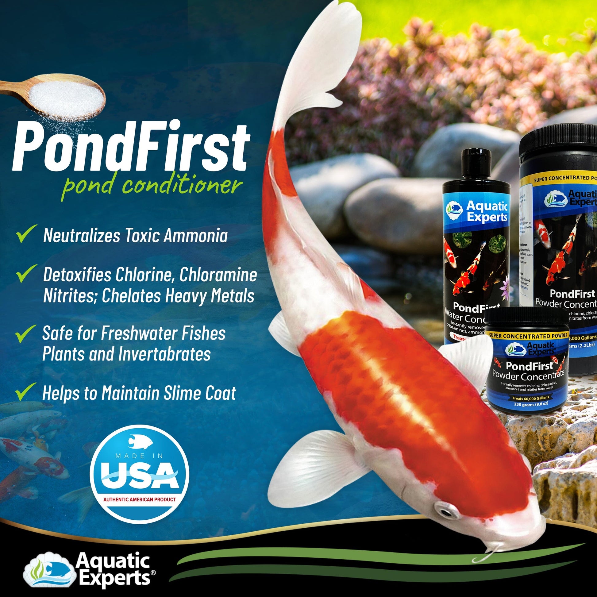 PondFirst - Concentrated Instant Dechlorinator for Fish Ponds, Makes Water Safe for Koi and Goldfish, Made in The USA Water Conditioner Aquatic Experts
