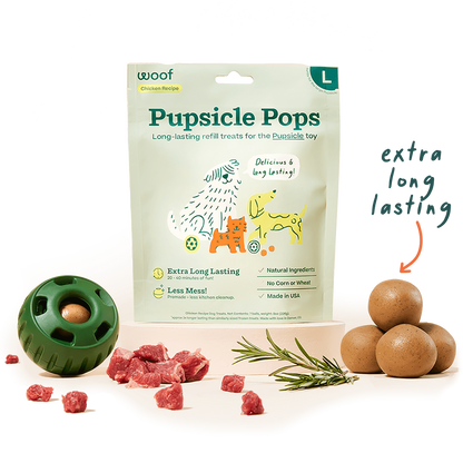 Image of large chicken recipe pupsicle pops with a green pupsicle ball and pieces of meat. 