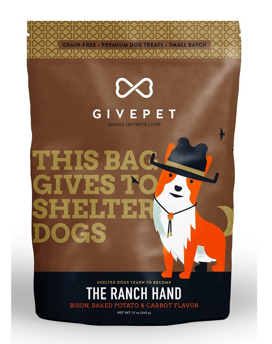 A bag of GivePet dog treats featuring a cartoon dog wearing a cowboy hat, promoting support for shelter dogs.