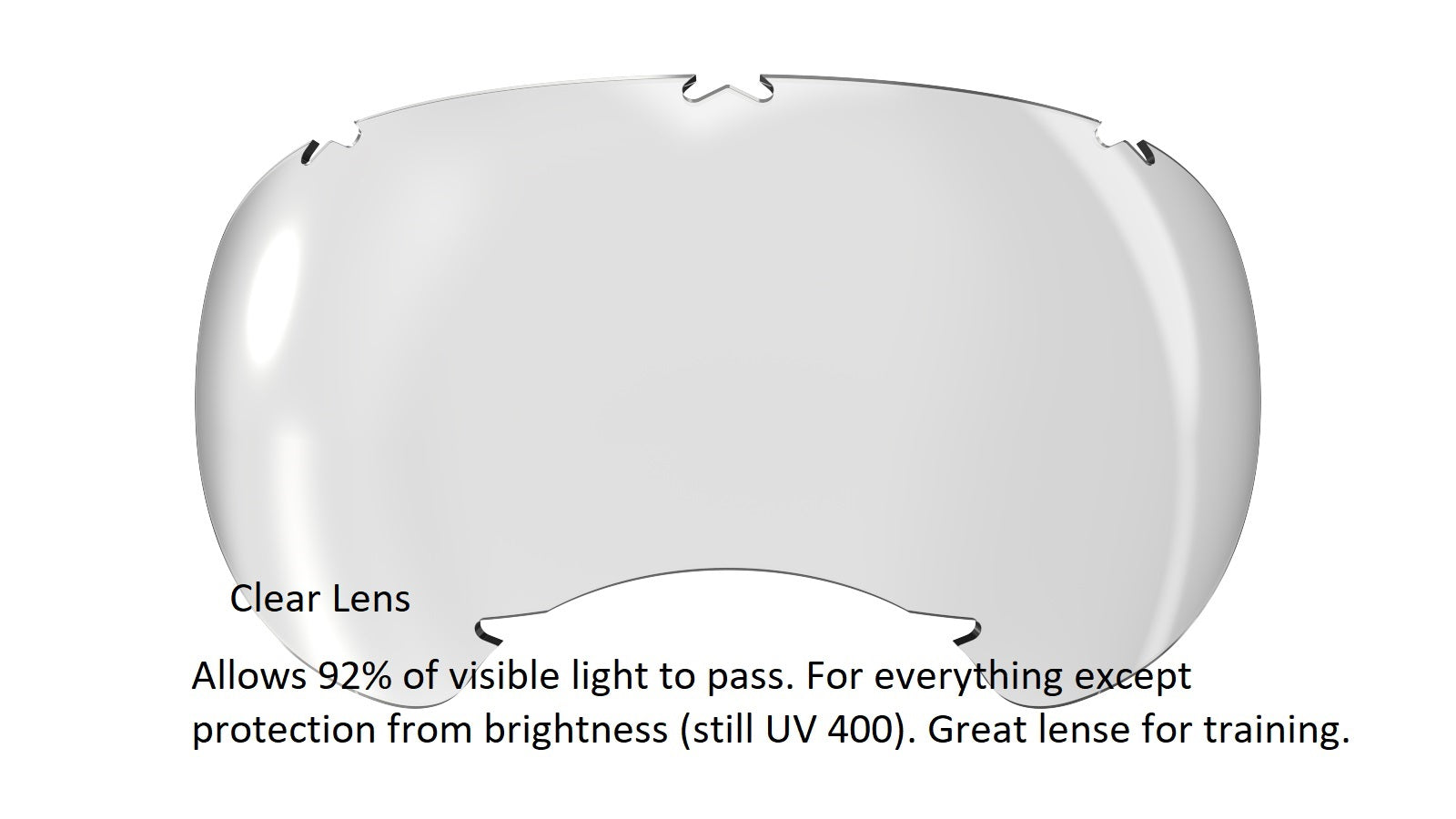 A clear curved lens with text detailing 92% visible light transmission and UV 400 protection