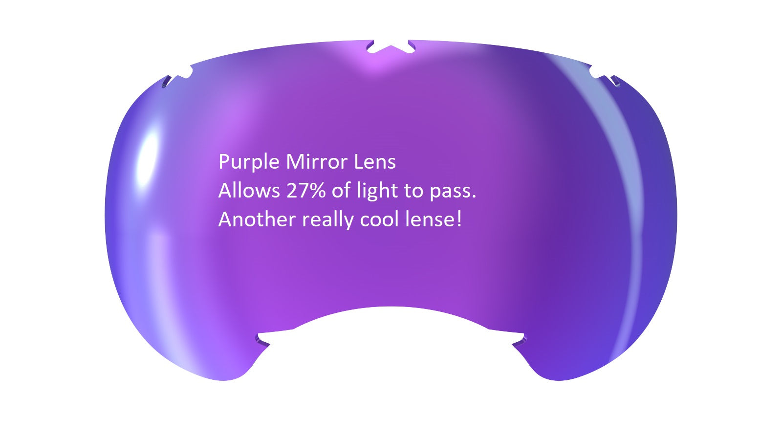 A purple mirrored lens with text stating it allows 27% light transmission.