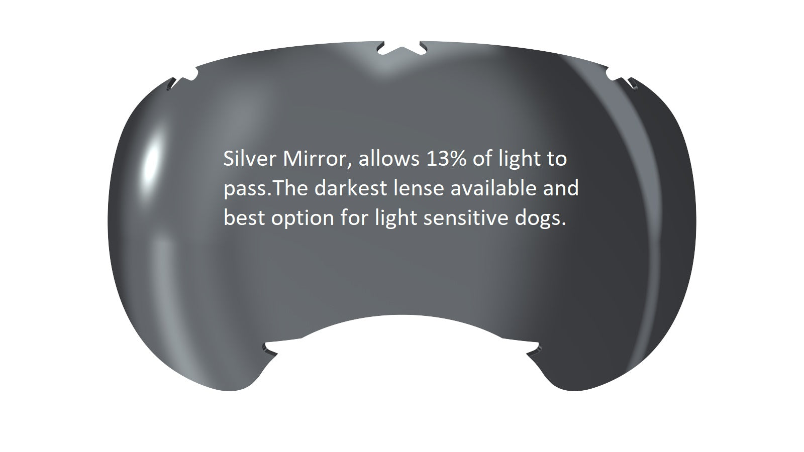 Silver mirrored lens for dogs, blocks 87% light, suitable for light-sensitive canines.