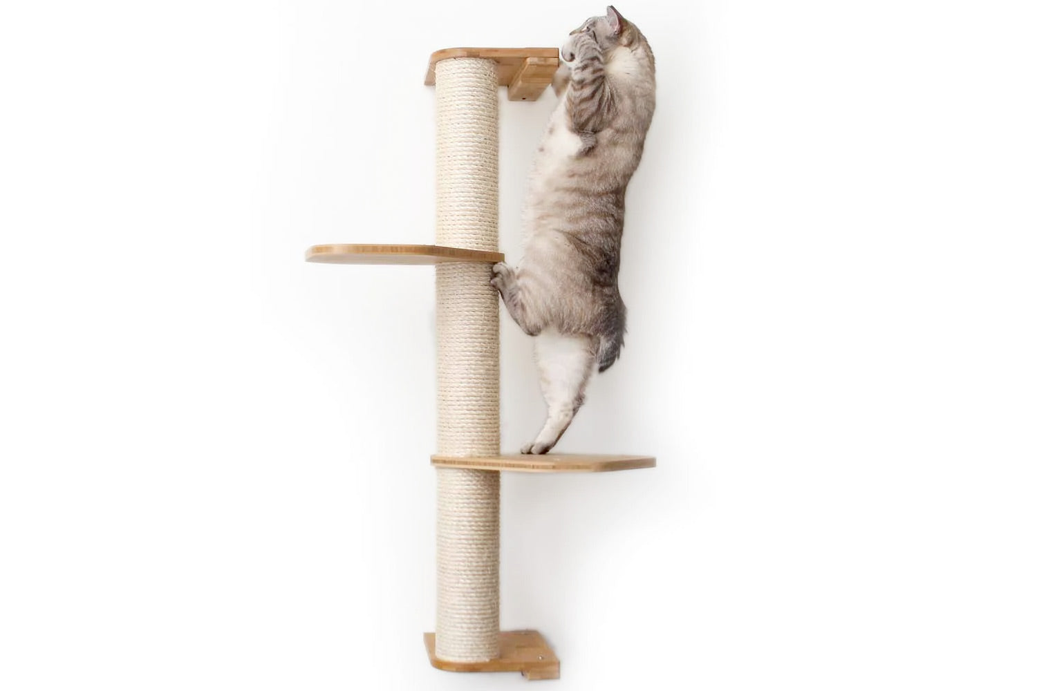 Wall Mounted Cat Climbing Pole - Sisal Natural Bamboo 3-Tier Leaf Shelf No Cork Pad Cat Scratcher Catastrophic Creations