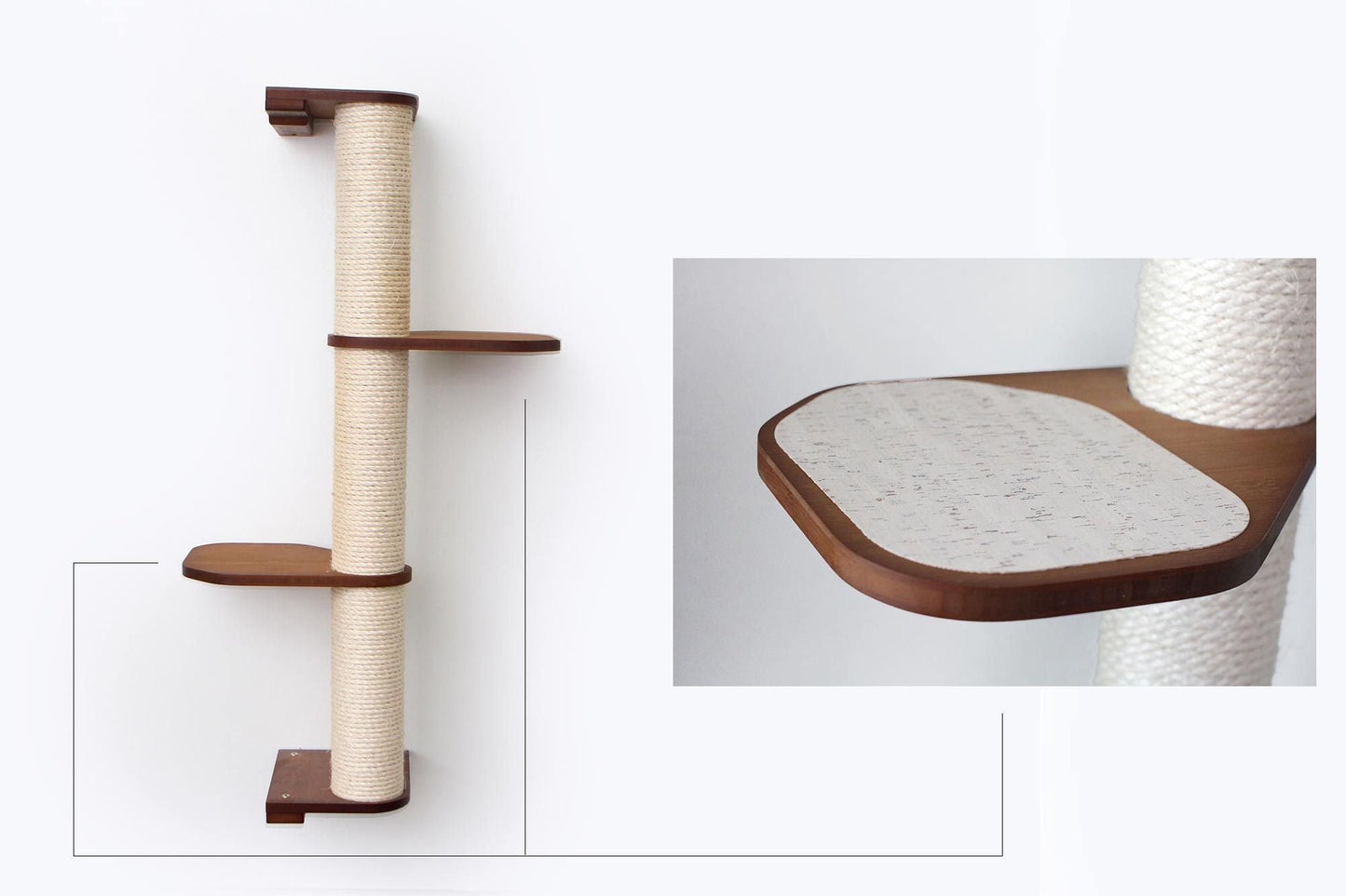 Wall Mounted Cat Climbing Pole - Sisal English Chestnut Bamboo 3-Tier Leaf Shelf Natural Cork Pad Cat Scratcher Catastrophic Creations