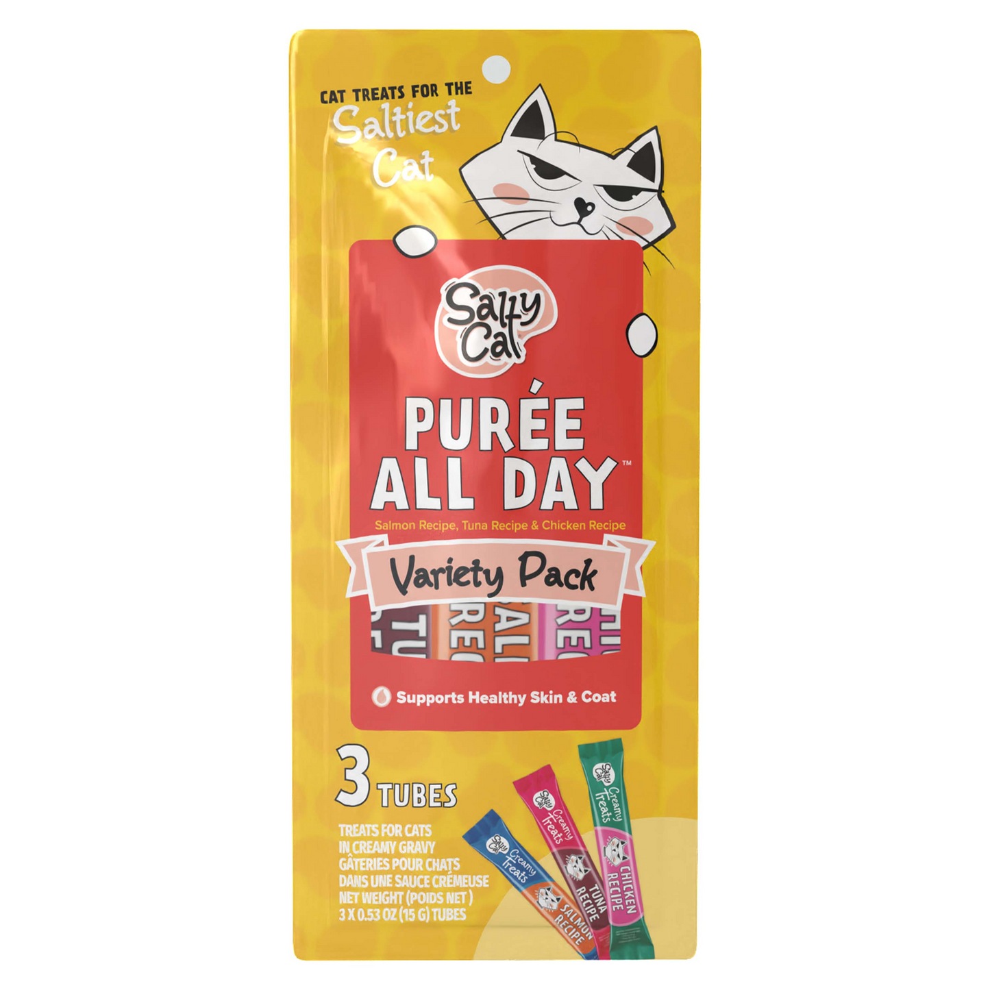 Salty Cat Purée All Day Everyday Tube Treat - Variety - 3 Pack BAG Cat Treats and Catnip salty cat