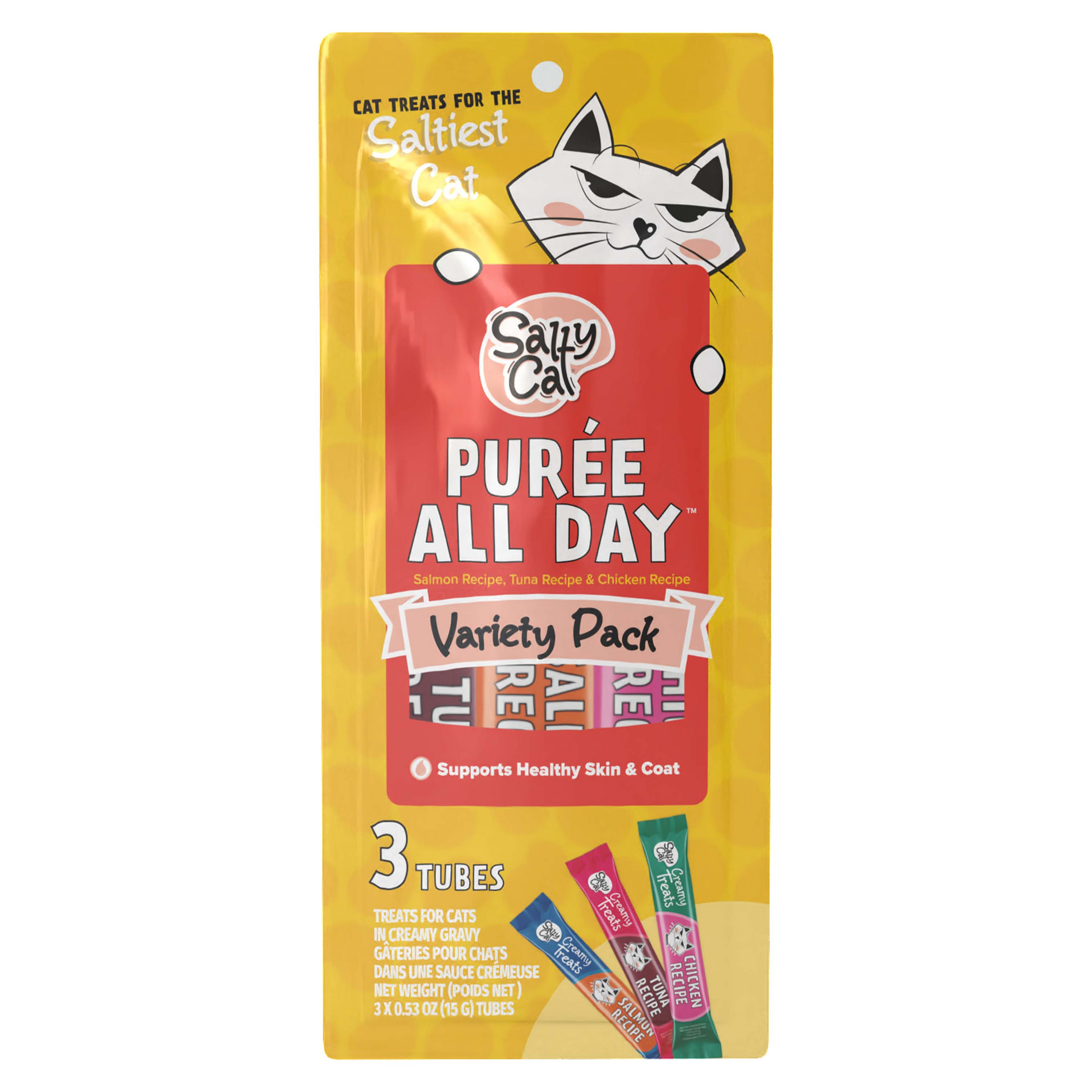 Salty Cat Purée All Day Everyday Tube Treat - Variety - 3 Pack BAG Cat Treats and Catnip salty cat