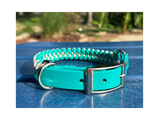 Fishtail Hand Braided Dog Collar in Teal & Cream Handmade Braided Collars Pawsh Pup Co.