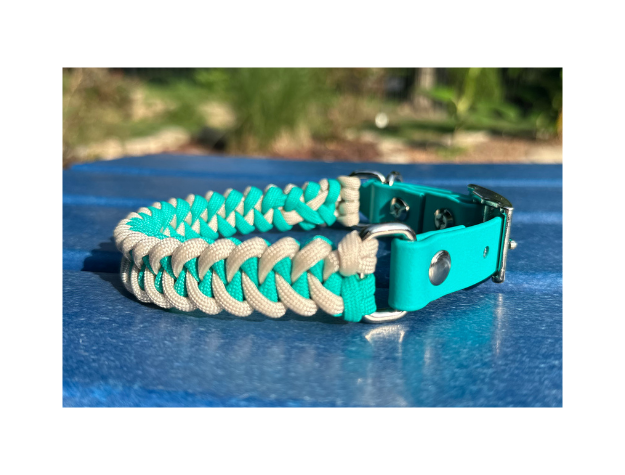 Fishtail Hand Braided Dog Collar in Teal & Cream Handmade Braided Collars Pawsh Pup Co.