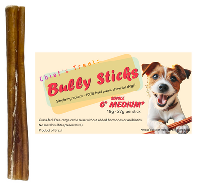 Bully Sticks 6" and 12" | SINGLES | Very Low Odor | Grass-fed/Free-range Medium 6" single Dog Treats Bones Bully Sticks and Natural Chews Chief’s Treats and Pet Supplies