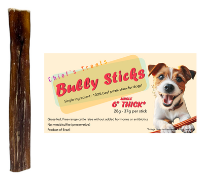 Bully Sticks 6" and 12" | SINGLES | Very Low Odor | Grass-fed/Free-range Thick 6" single Dog Treats Bones Bully Sticks and Natural Chews Chief’s Treats and Pet Supplies