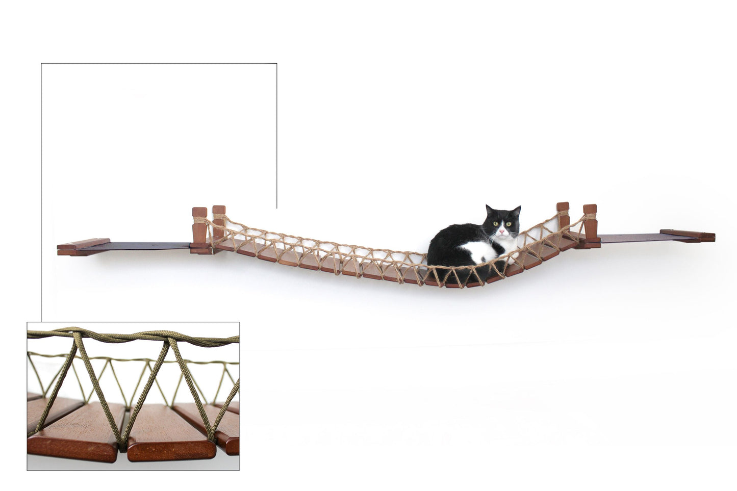 Double Cat Hammock and Climbing Bridge Combo English Chestnut Bamboo Charcoal Gray Canvas 50" Cat Bridge Catastrophic Creations