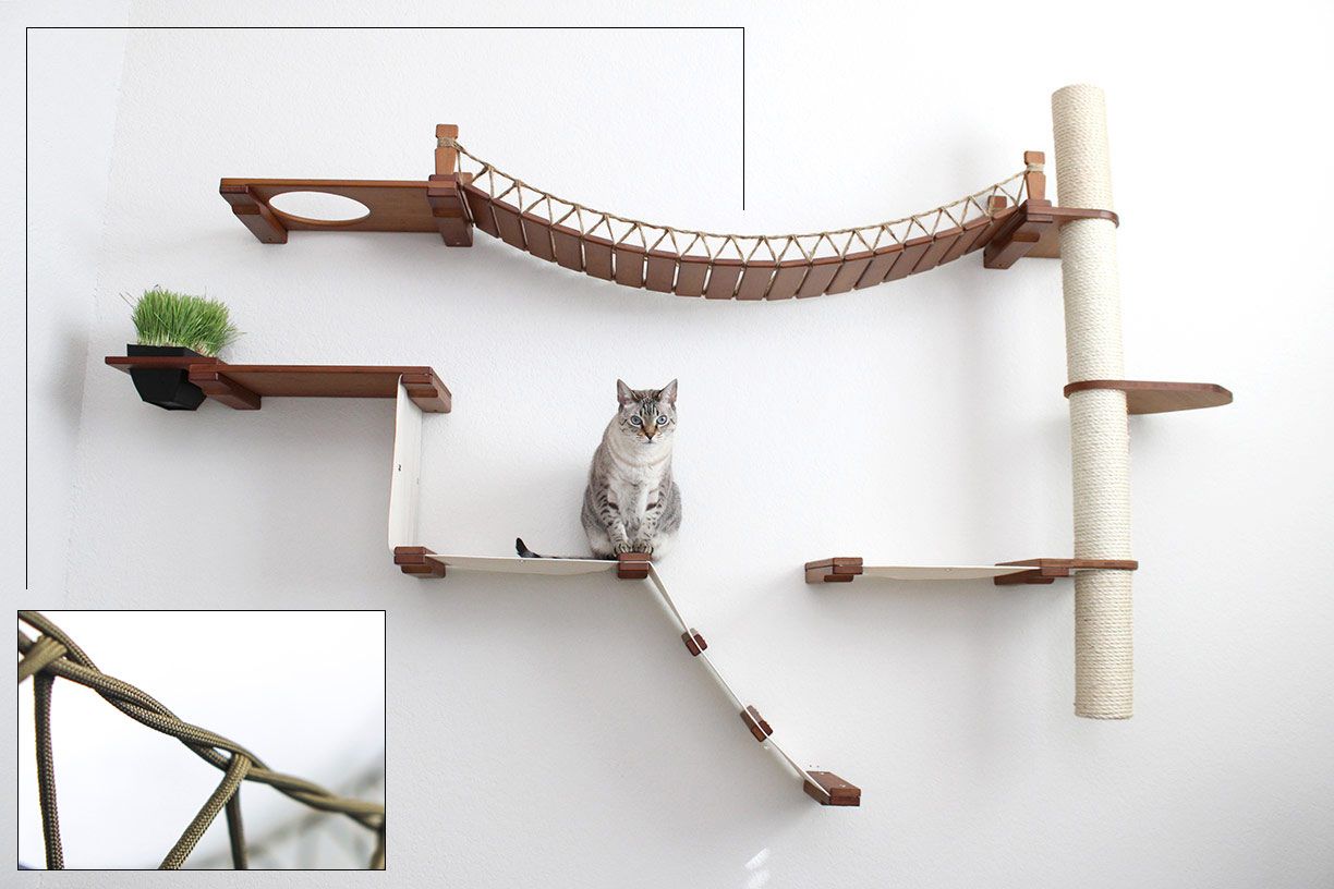 The Expedition - Cat Jungle Gym Wall System English Chestnut Bamboo Natural Canvas Planter Cat Condo Catastrophic Creations