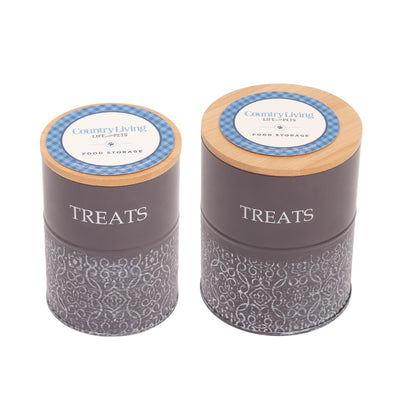 Country Living Dog Treat Canisters - Set of 2 Carbon Steel Jars with Bamboo Lids – Volcanic Gray Containers American Pet Supplies