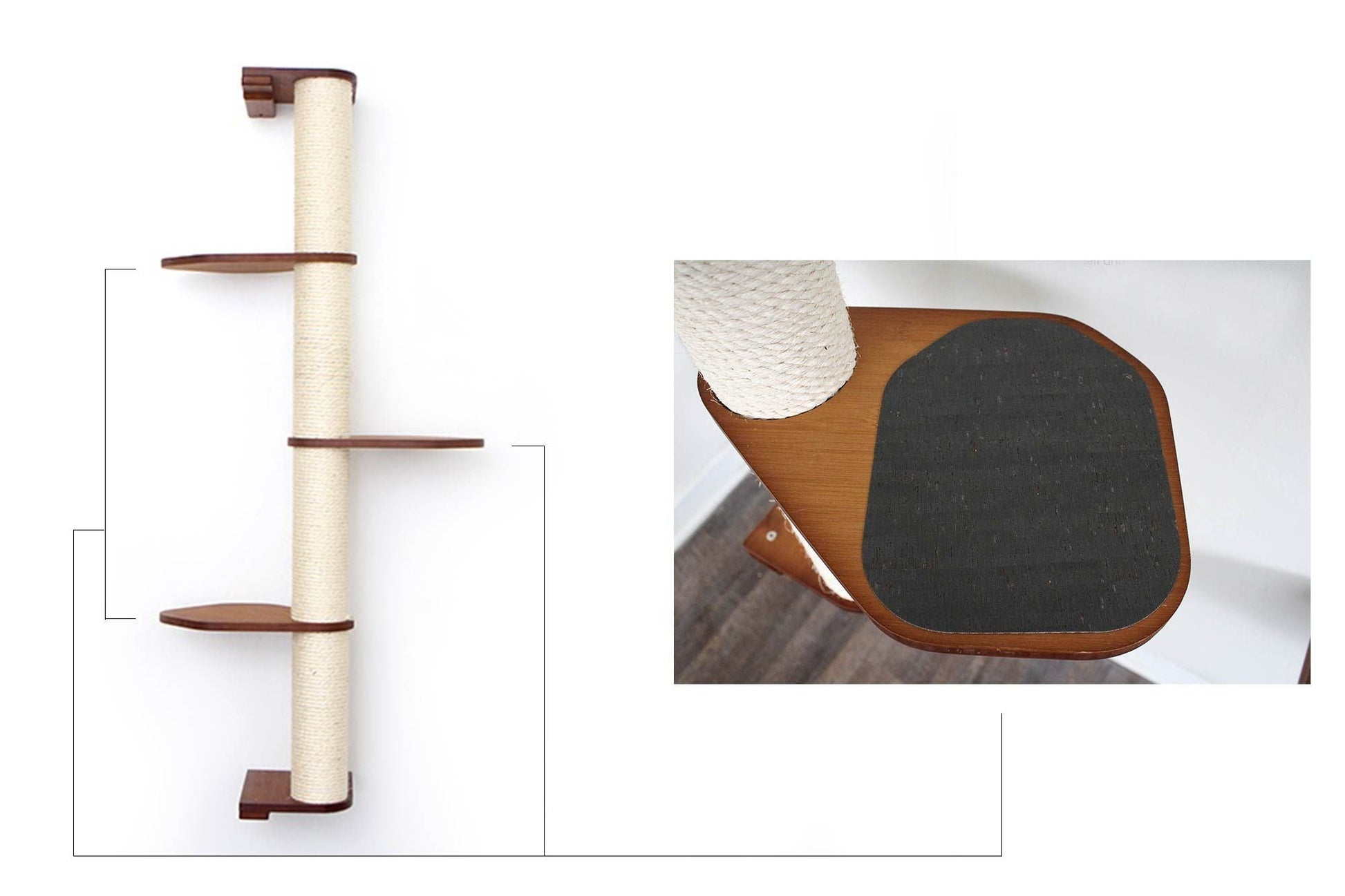 Wall Mounted Cat Climbing Pole - Sisal English Chestnut Bamboo 4-Tier Leaf Shelf Charcoal Cork Pad Cat Scratcher Catastrophic Creations