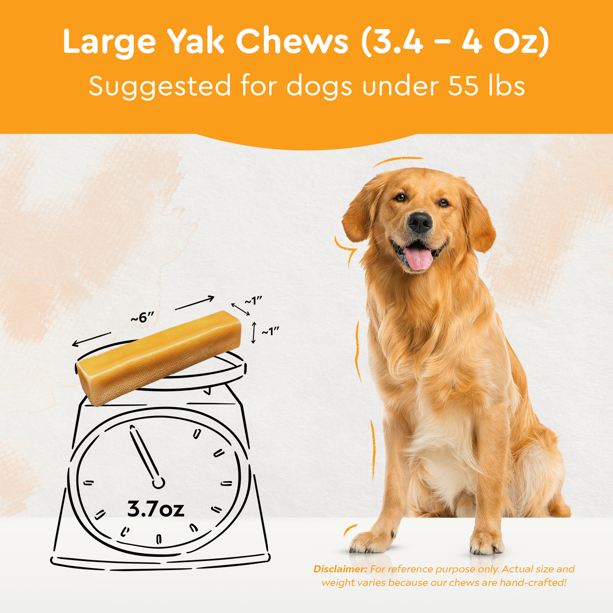 Image of a size chart for yak chews 