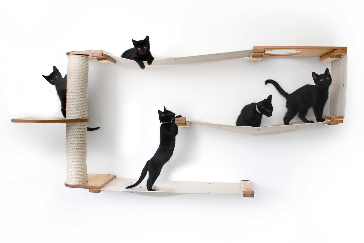 Cat Maze Wall - 3 Tier Cat Tree Natural Bamboo Natural Canvas Pole and Leaf Shelf Cat Condo Catastrophic Creations