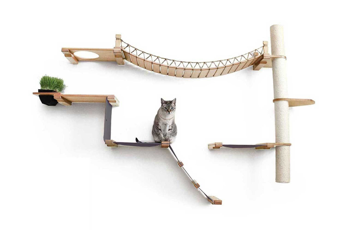 The Expedition - Cat Jungle Gym Wall System Natural Bamboo Charcoal Gray Canvas Planter Cat Condo Catastrophic Creations