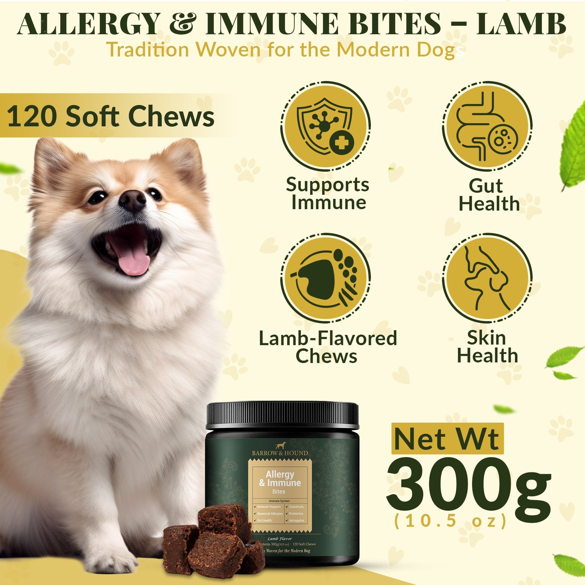 Allergy & Immune Bites for Dogs – Colostrum, Probiotics & Omega-3 – Seasonal Allergy & Itchy Skin Relief – Peanut Butter Flavor Supplements Barrow & Hound