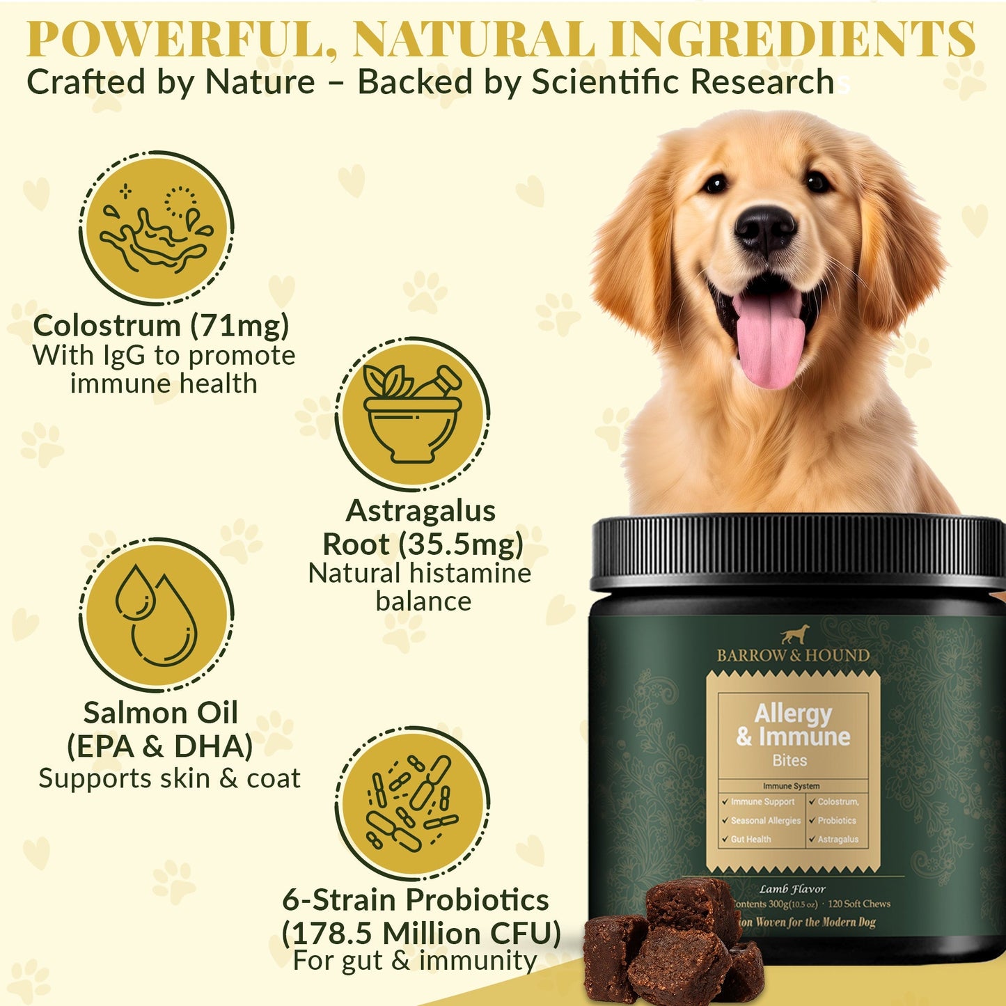 Allergy & Immune Bites for Dogs – Colostrum, Probiotics & Omega-3 – Seasonal Allergy & Itchy Skin Relief – Peanut Butter Flavor Supplements Barrow & Hound