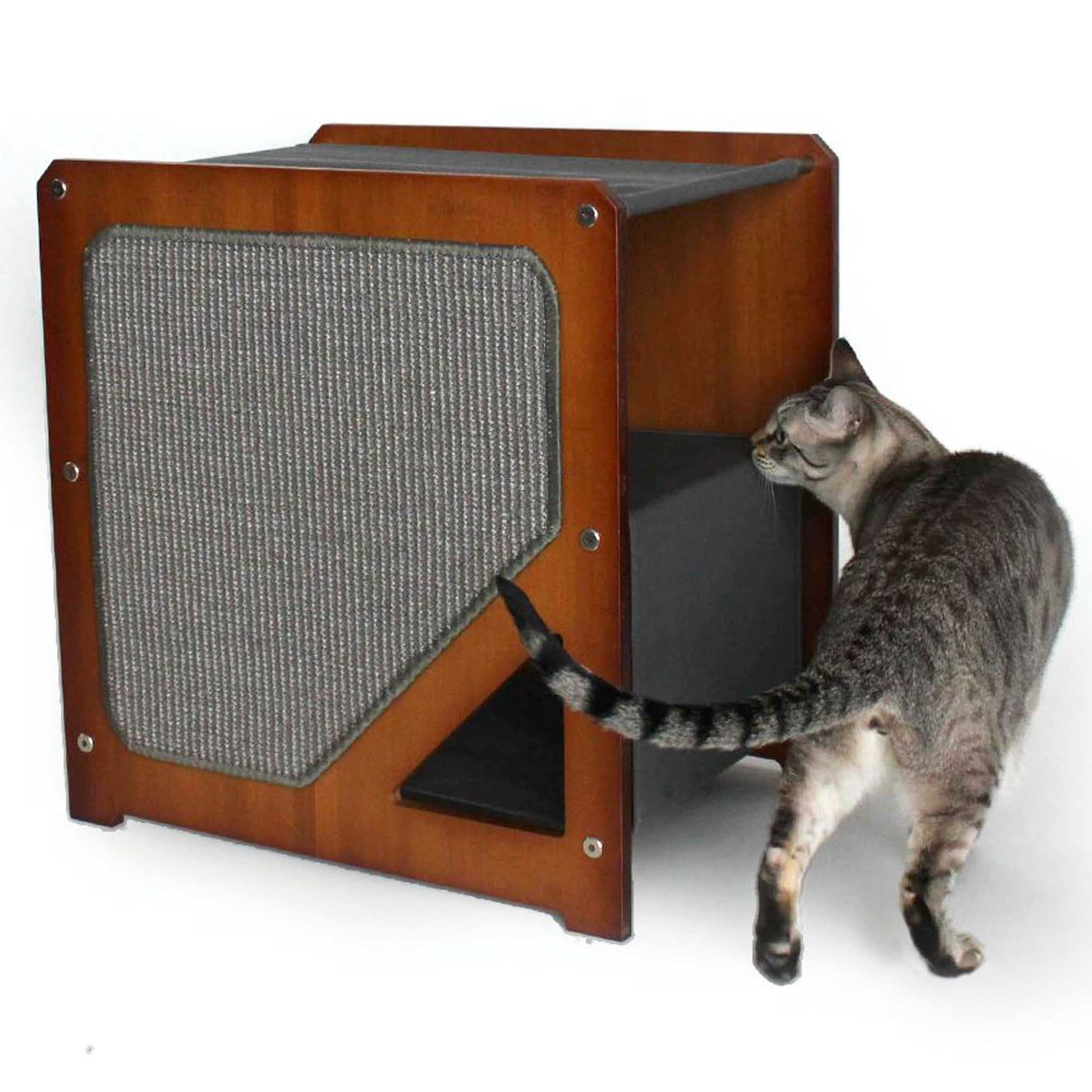 The Grotto - Short Cat Tree for Small Spaces English Chestnut Bamboo Charcoal Gray Canvas Cat Condo Catastrophic Creations