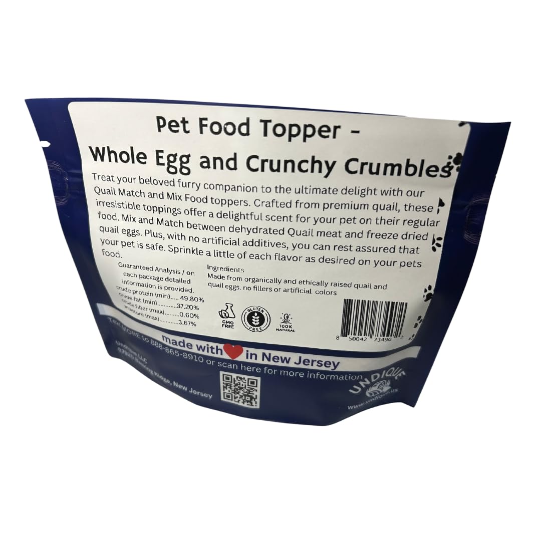 Pet Food Toppers - Whole Quail Egg and Crunchy Quail Meat Crumbles Pet Quailz.com by Undique LLC