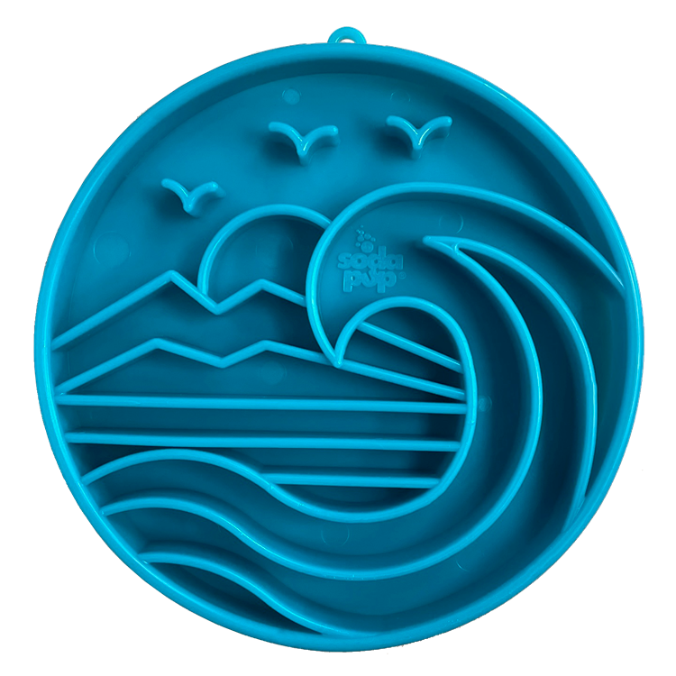 Image of a blue, 8-inch-diameter pet enrichment feeder with a wavy design,