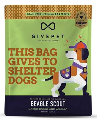 Package of GivePet dog treats with a cartoon dog and text promoting support for shelter dogs.