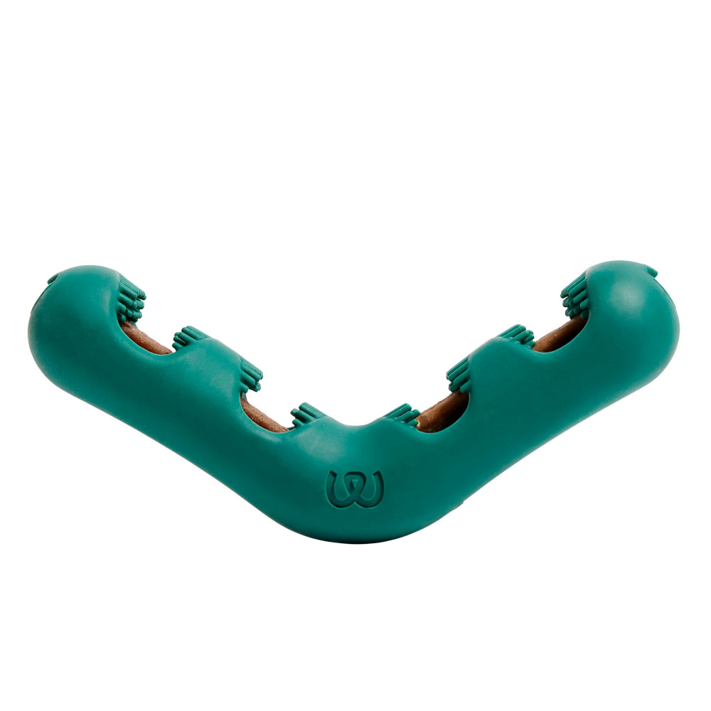 a green “v” shaped treat holder 