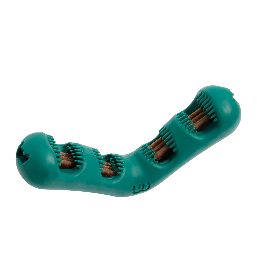 a green “v” shaped treat holder with a treat inside 