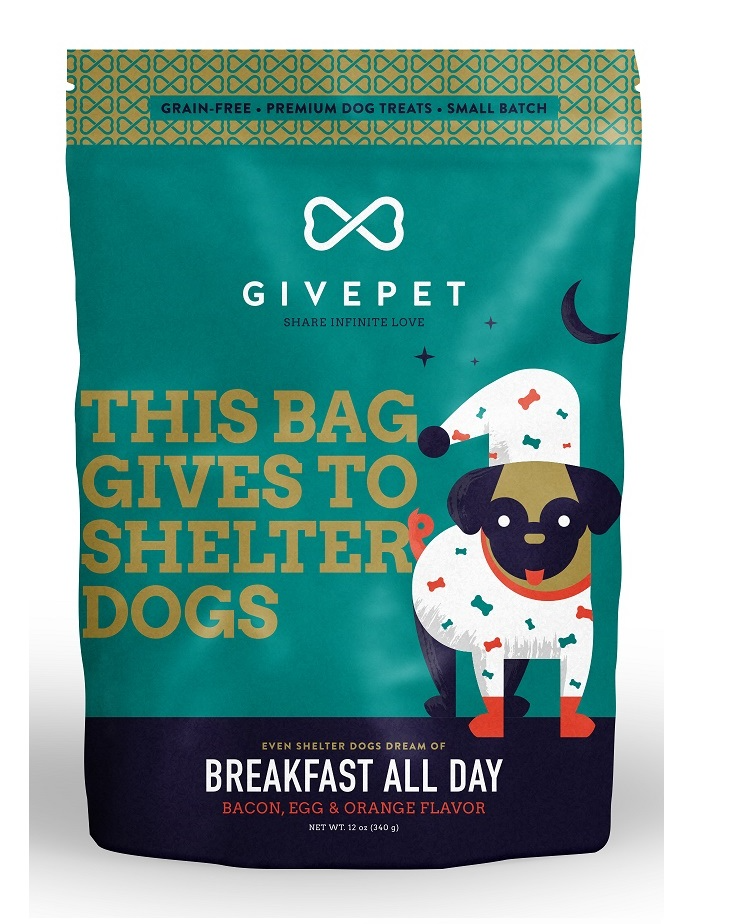 Packaging of dog treats with "GIVEPET" brand, supporting shelter dogs, bacon/egg/orange flavor.