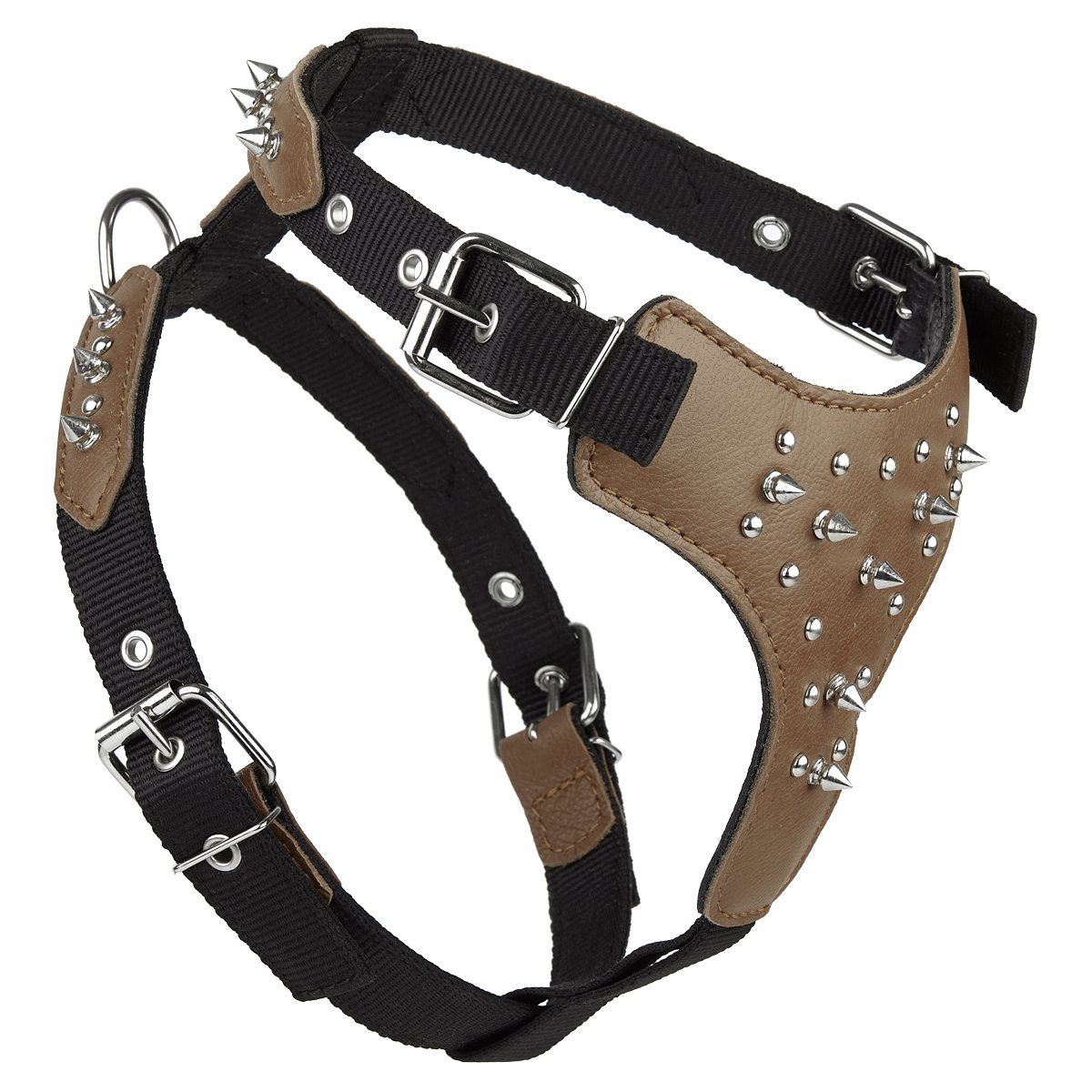 Leather + Nylon Spiked Dog Harness Brown Dog Harnesses Dogline