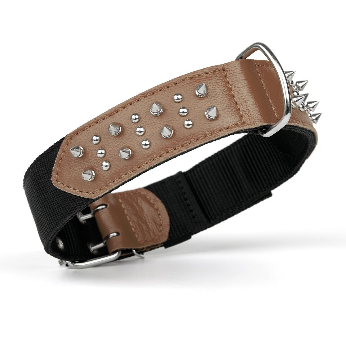 Leather + Nylon Spiked Dog Collar Brown Dog Collar Dogline
