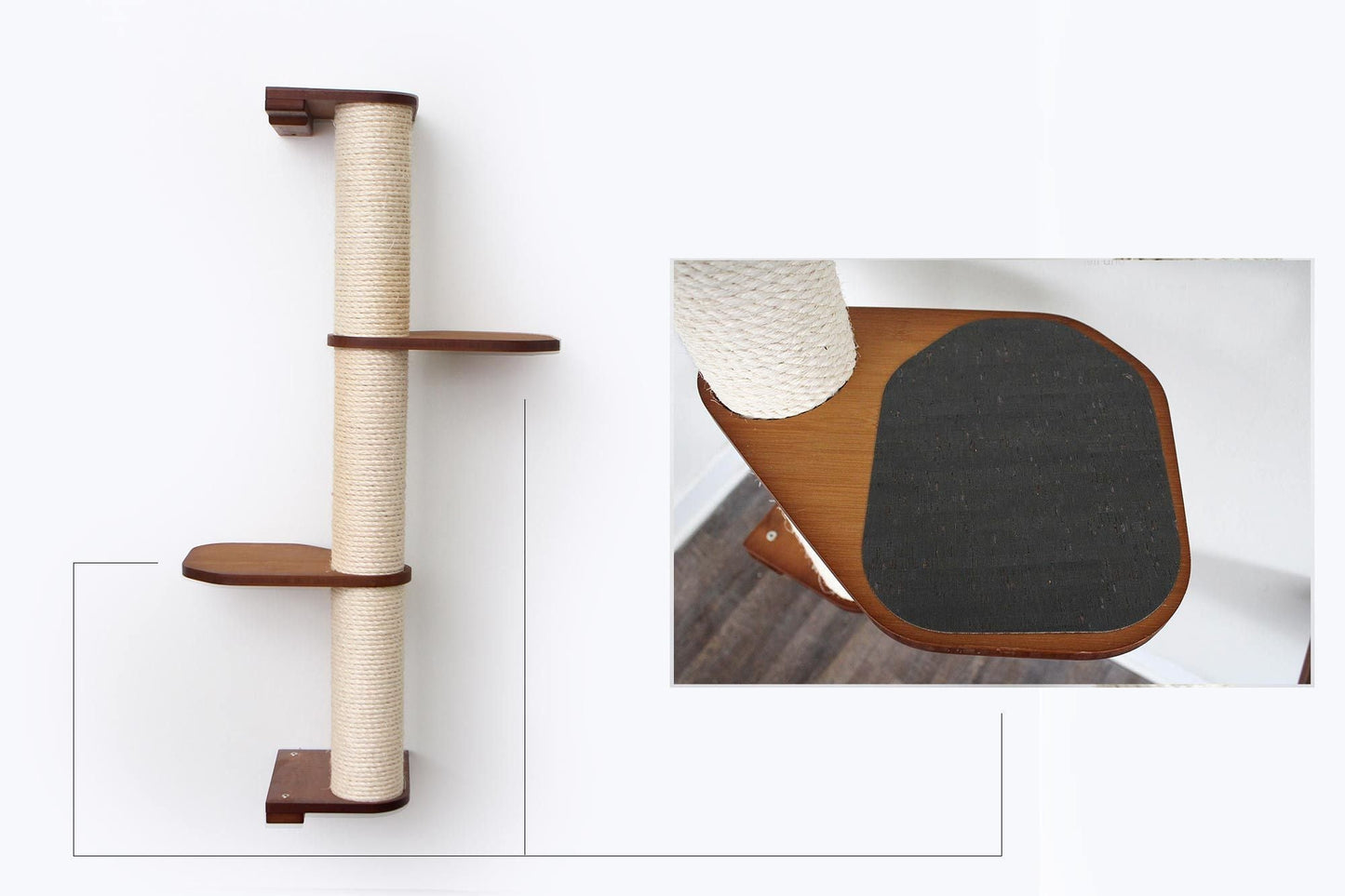 Wall Mounted Cat Climbing Pole - Sisal English Chestnut Bamboo 3-Tier Leaf Shelf Charcoal Cork Pad Cat Scratcher Catastrophic Creations